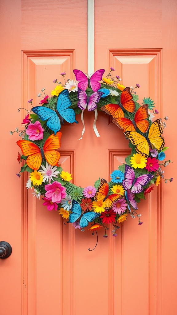 A colorful spring wreath featuring butterflies and flowers, hung on a bright orange door.