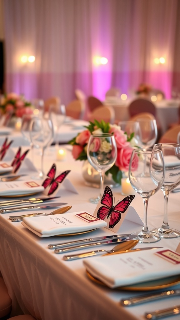 A beautifully set table with butterfly place cards, flowers, and elegant glassware