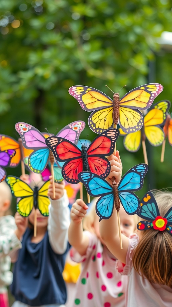 Children holding colorful butterfly puppets outdoors