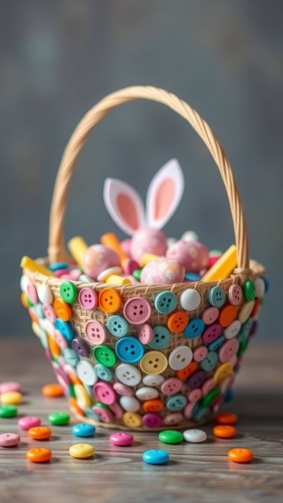 A colorful Easter basket decorated with buttons and filled with treats