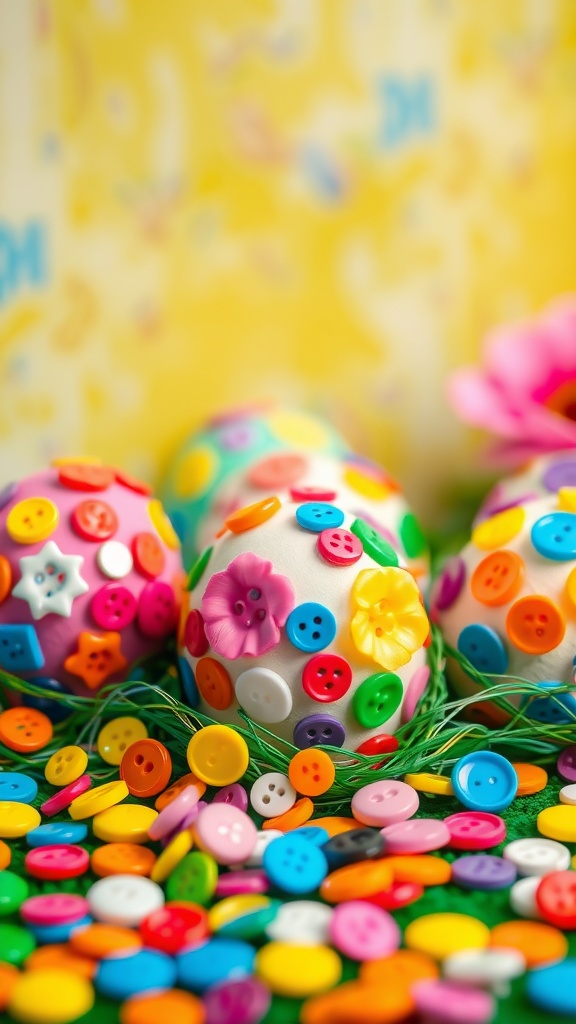 Colorful button decorated eggs on a bright background