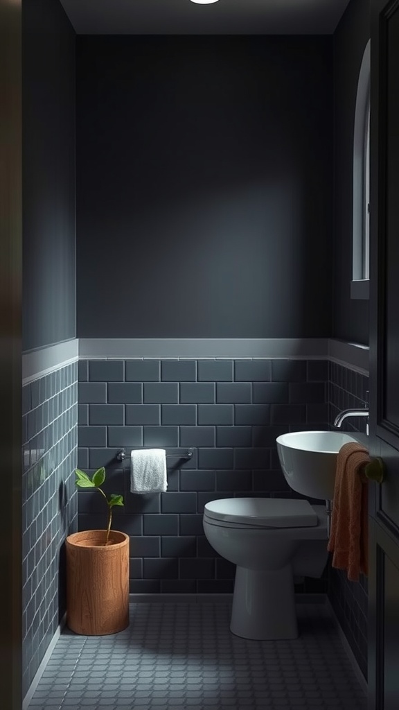 A small dark bathroom with dark walls, light tiles, and a wooden planter with a plant