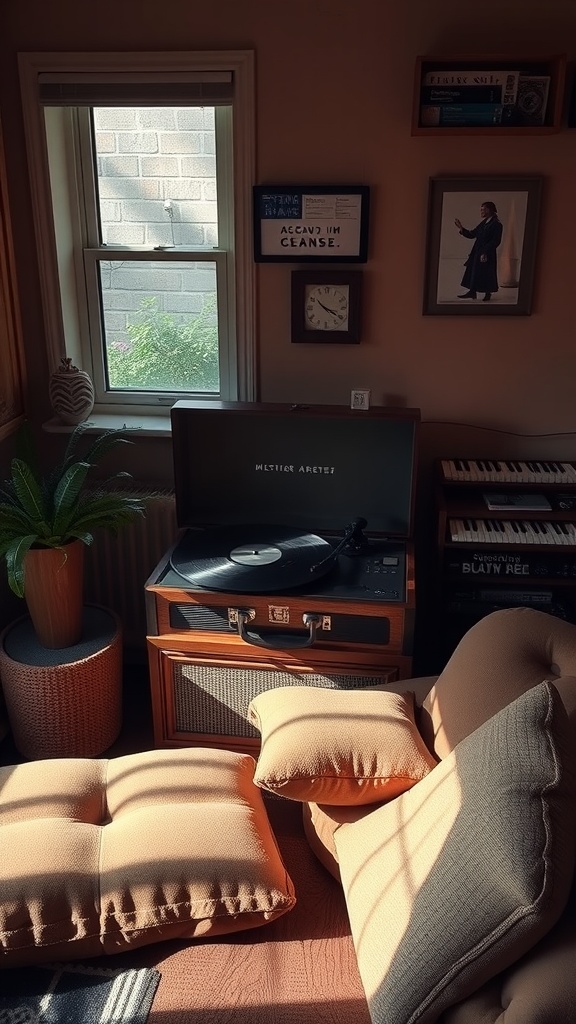 A vintage record player in a cozy living room corner with soft cushions and plants.