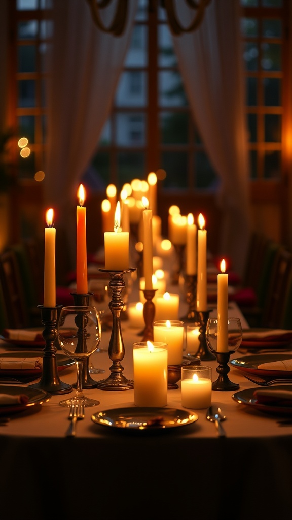 A beautifully set dinner table with various candles providing a warm glow.