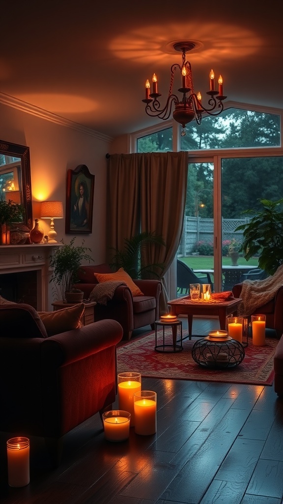 A cozy living room with candles providing warm light, featuring a chandelier and comfortable seating.