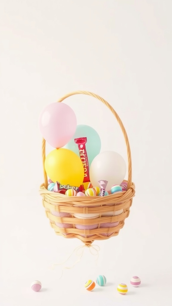 A wicker basket filled with colorful balloons and candies for Easter.