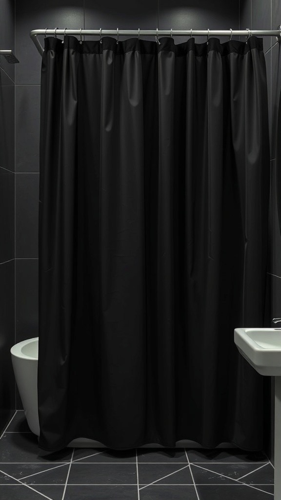 A black cascading shower curtain in a modern bathroom setting.