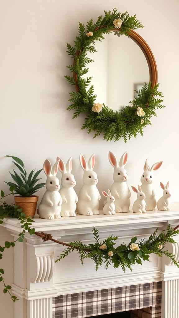 A collection of ceramic bunnies on a white mantel, accompanied by a greenery wreath mirror and a potted plant.