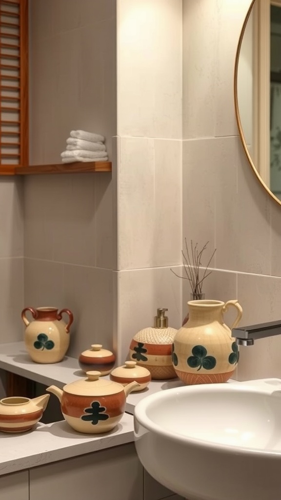 Various ceramic pottery pieces displayed in a modern bathroom setting, showcasing traditional Japanese design.