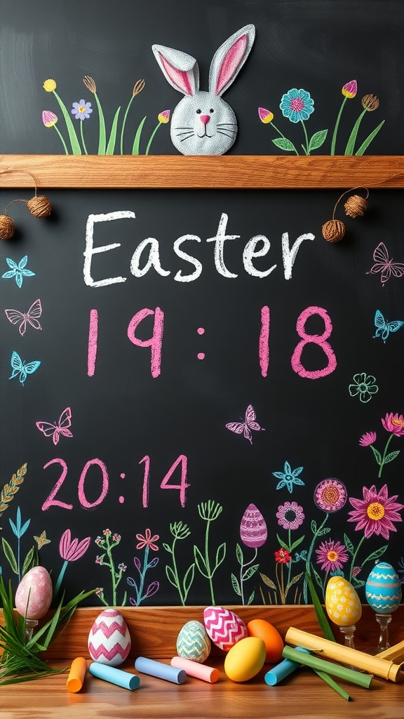 A decorative chalkboard countdown to Easter with colorful chalk drawings and a bunny accent.