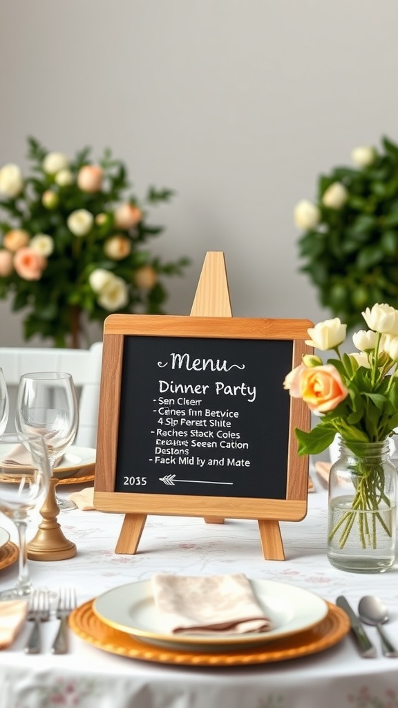 A dinner party menu displayed on a small chalkboard easel, surrounded by floral decorations on a table.