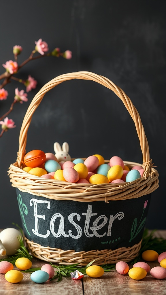 A decorated chalkboard painted basket filled with colorful candy eggs, with 'Easter' written on it.