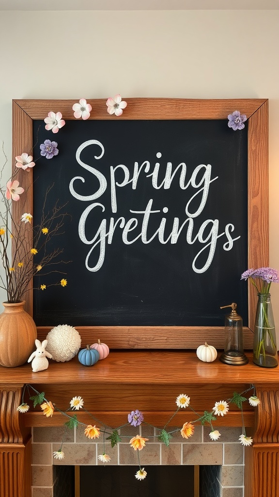 Chalkboard with 'Spring Greetings' message and spring decorations