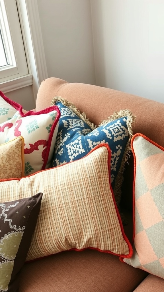 A cozy living room with a variety of accent pillows in different patterns and colors.