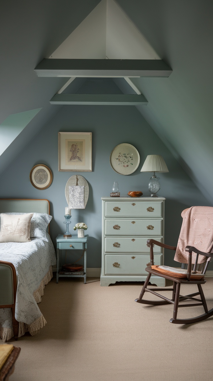 A cozy attic bedroom with sloped ceilings, featuring a blue color palette, vintage furniture, and charming decor.