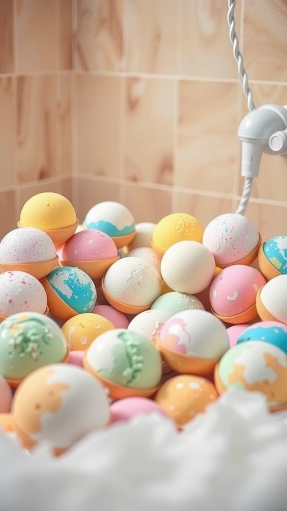 Colorful bath bombs arranged in a serene bathroom setting