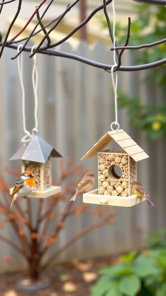 Two charming bird feeders hanging from a branch with birds feeding on them.