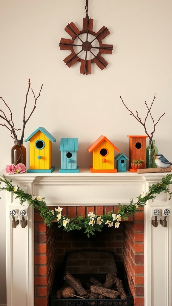 Colorful birdhouses displayed on a fireplace mantle with decorative branches and flowers.