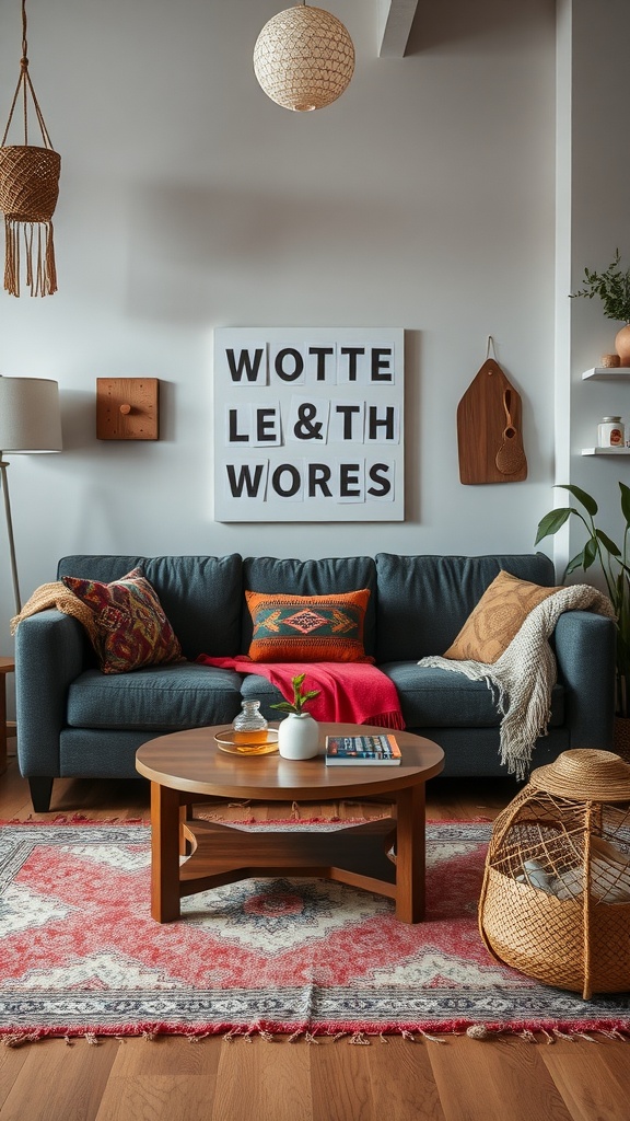 A cozy living room featuring a dark gray couch with colorful cushions, a round coffee table, and a patterned area rug, all creating a bohemian touch.