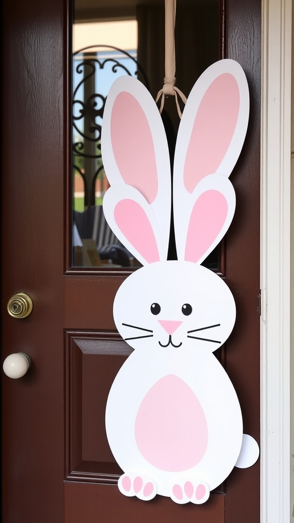 A large, charming bunny decoration with pink ears and feet hanging on a door.