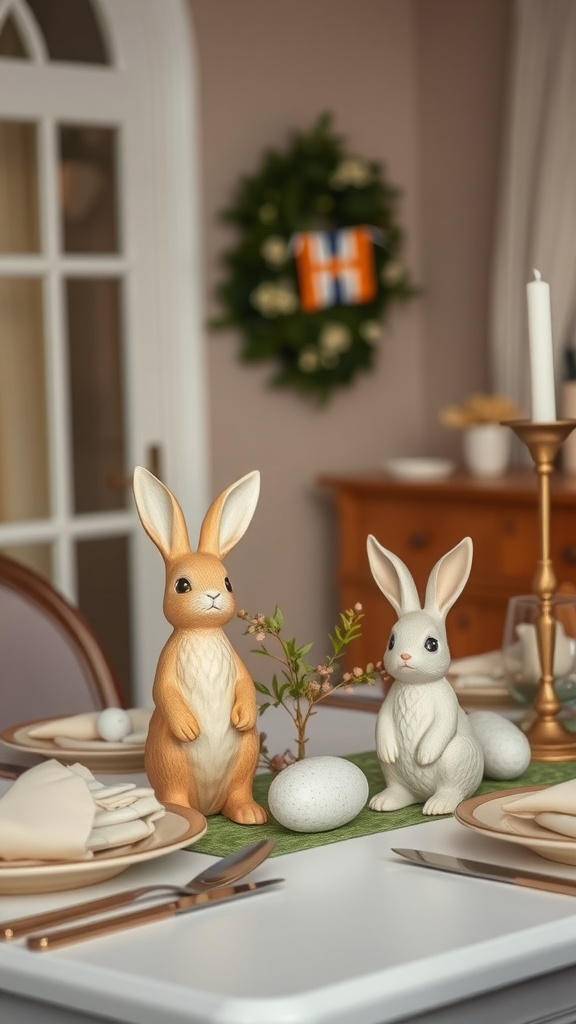 A spring dinner table decorated with charming bunny figurines, featuring a brown and a white bunny, surrounded by green elements and decorative eggs.