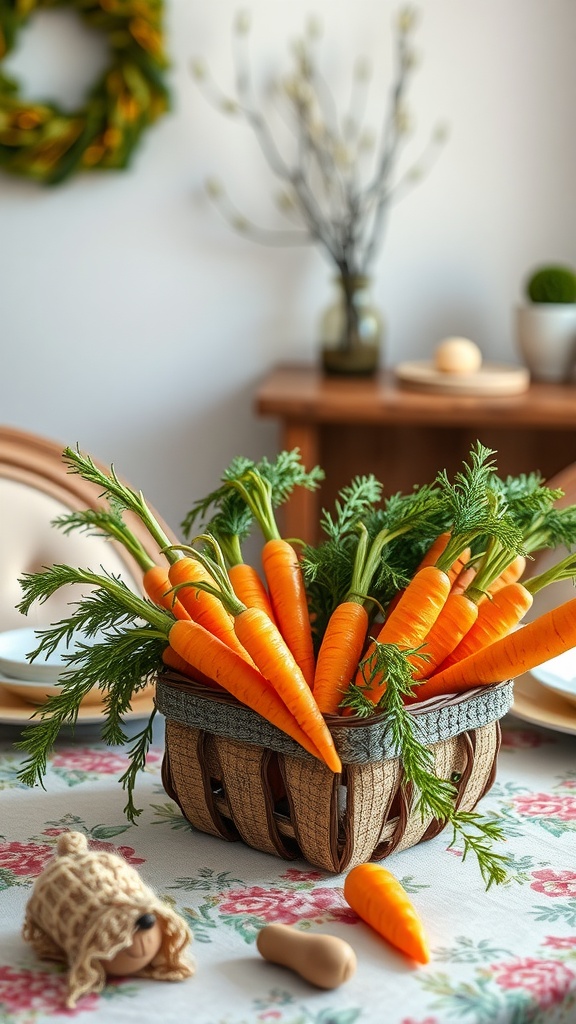 A woven basket filled with bright orange carrots and greenery, set on a floral tablecloth.