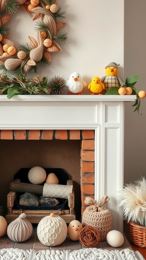 A charming Easter mantel decorated with plush chick figures, a natural wreath, and decorative eggs.