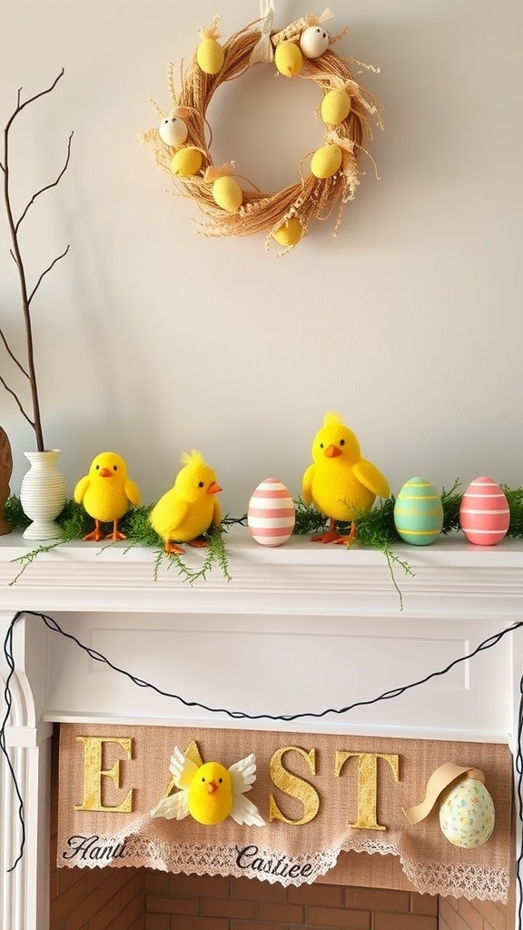 A charming Easter mantel decoration featuring yellow chicks, pastel eggs, and a rustic wreath.