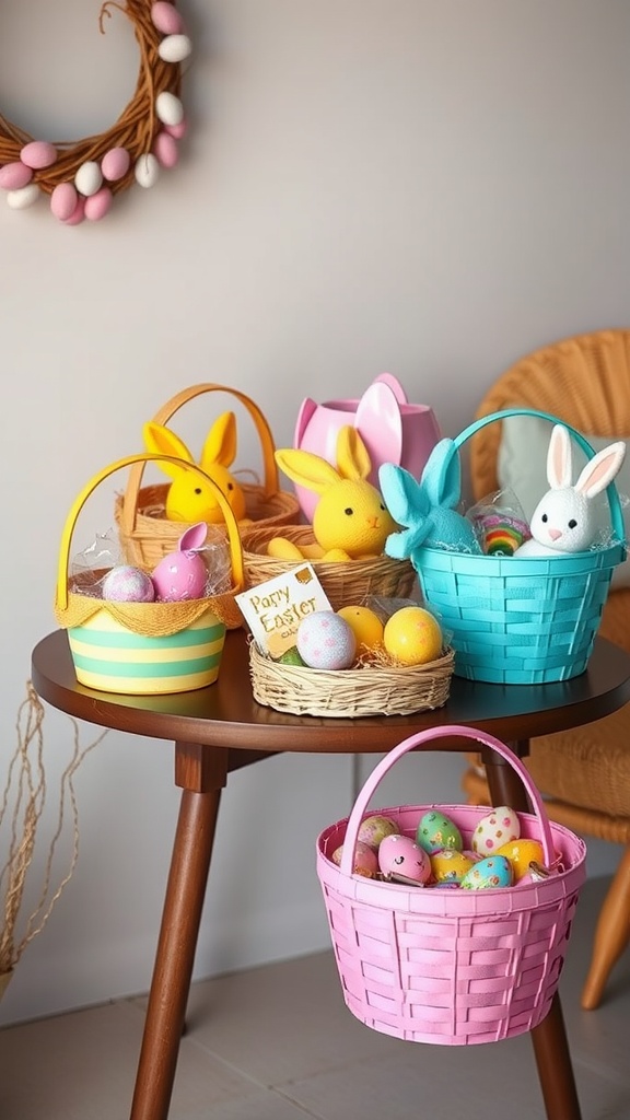 Colorful Easter baskets filled with eggs and bunny decorations on a table.