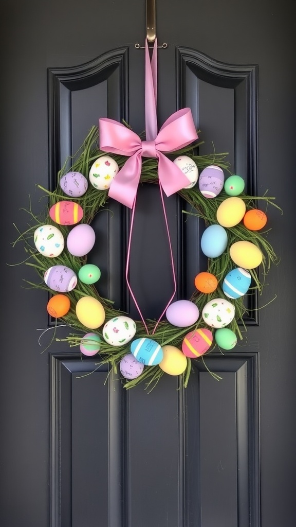 A colorful Easter egg wreath with a pink bow hanging on a dark door