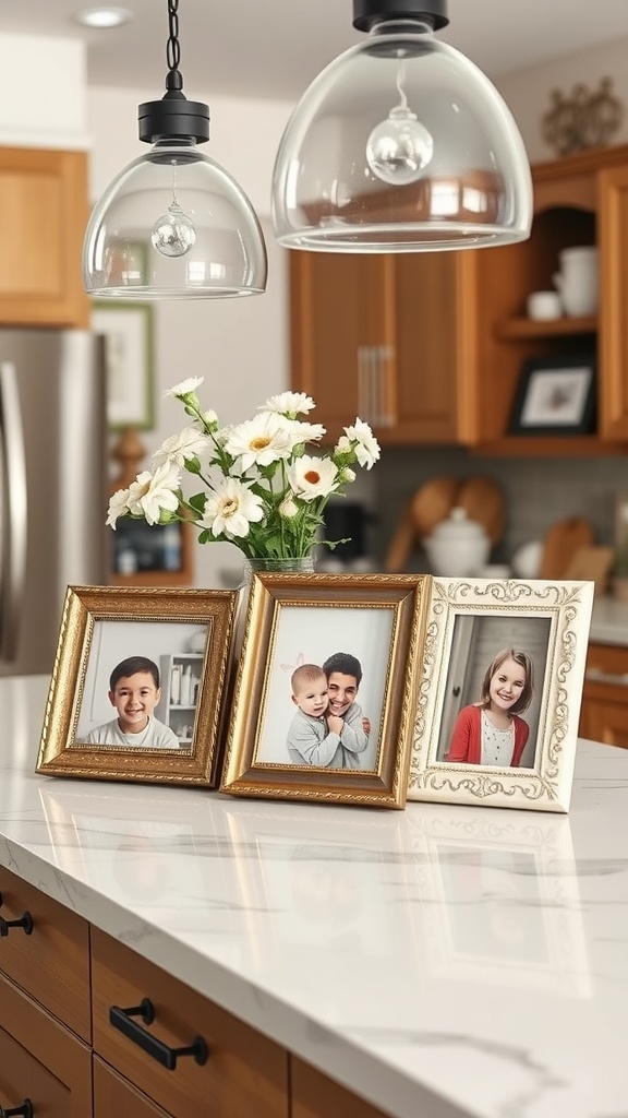 Family photos in elegant frames on a kitchen island with flowers in the background.