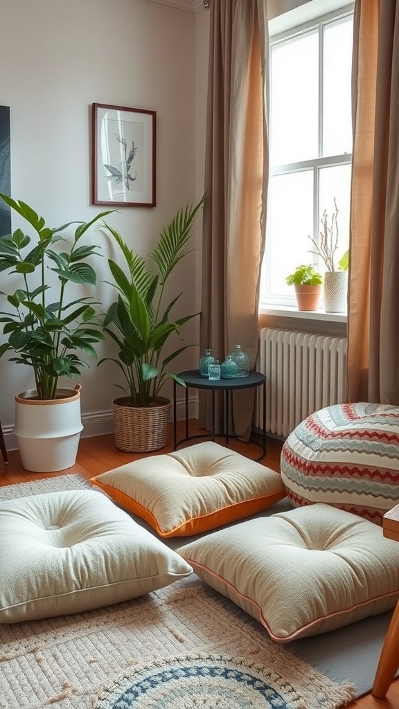 Charming floor cushions in a modern boho living room setting.