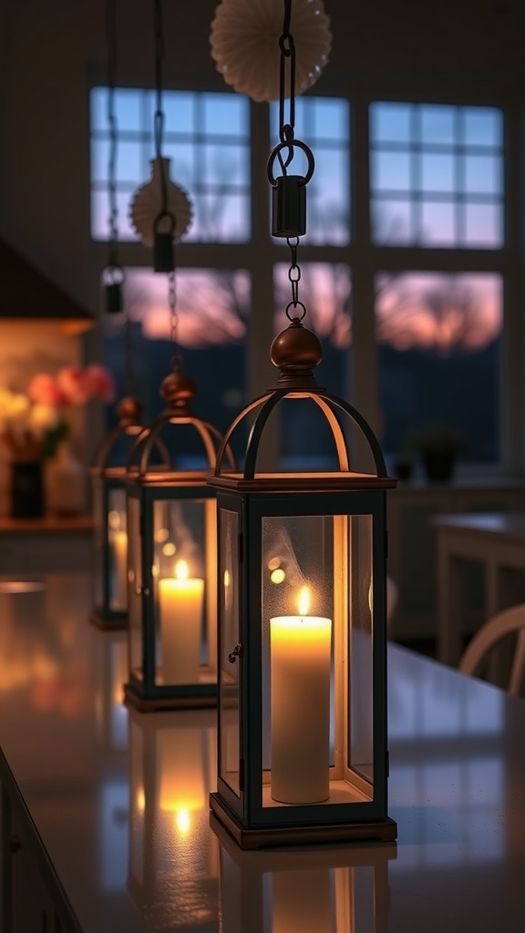 A row of charming lanterns with candles glowing inside, set against a softly lit kitchen backdrop during sunset.