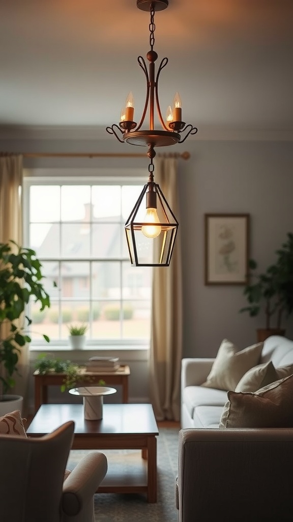 A charming living room with a chandelier and lantern light fixtures.