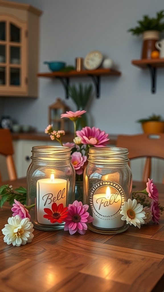 Two mason jar lanterns with candles inside, surrounded by colorful flowers on a kitchen table.