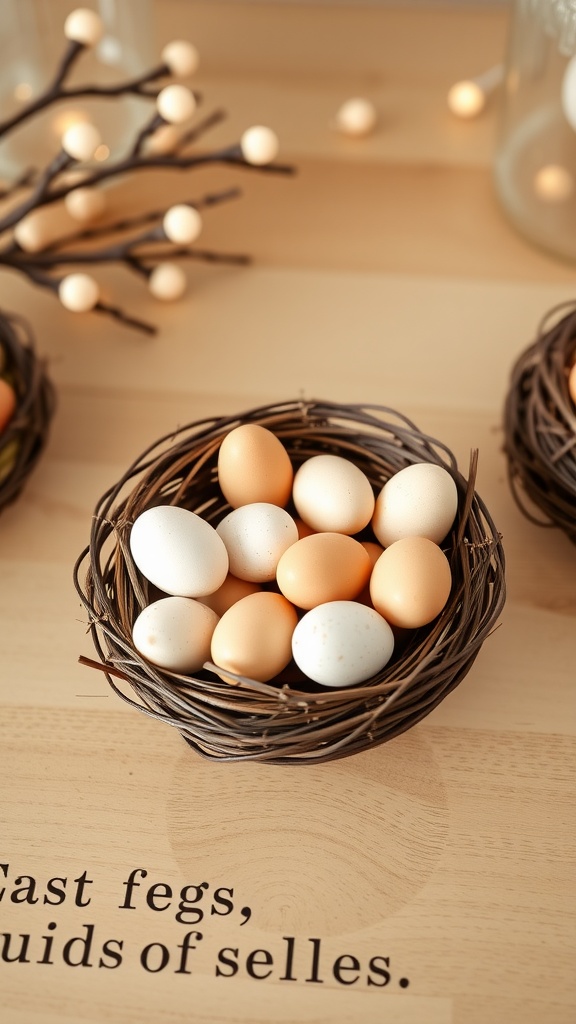 A close-up of small nests filled with pastel colored eggs on a wooden surface.