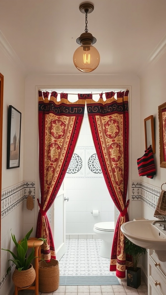 A bathroom doorway framed by beautiful red and gold noren curtains, with a warm light fixture above.