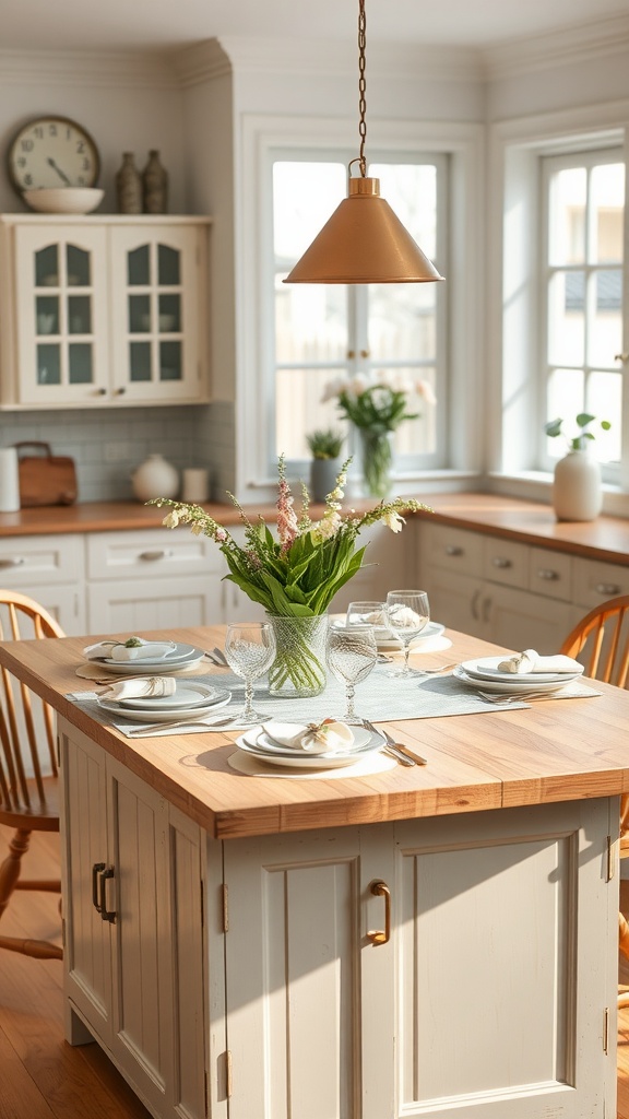 A beautiful kitchen island decorated with a vase of flowers and neatly arranged place settings.