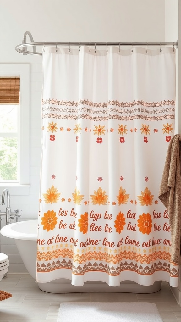 A white shower curtain with orange and red floral designs, creating a warm and inviting bathroom atmosphere.