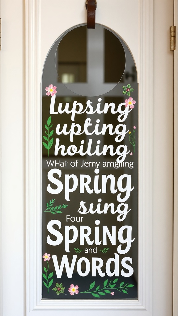 A door hanger decorated with spring-themed quotes and floral designs.