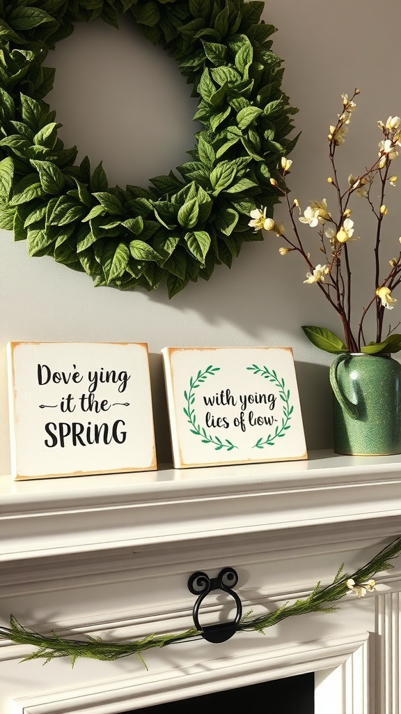 A spring mantel decoration featuring a green wreath, two wooden signs with quotes, and branches with blossoms.