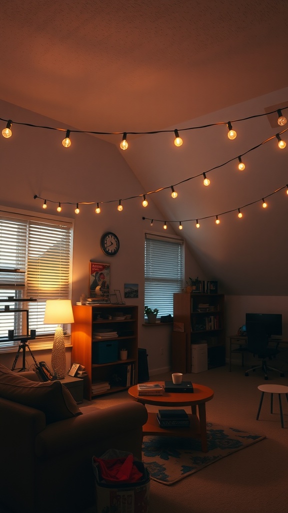 A cozy dorm living room with string lights hanging from the ceiling, illuminating the space warmly.