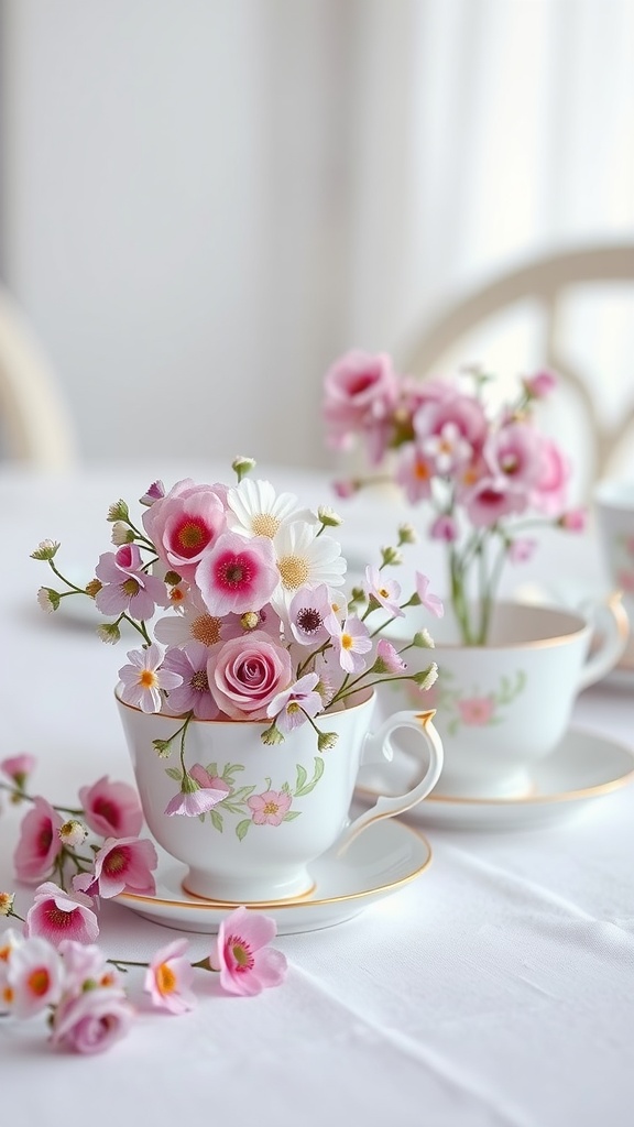 Teacups filled with pastel flowers on a white tablecloth, creating a charming spring decor.