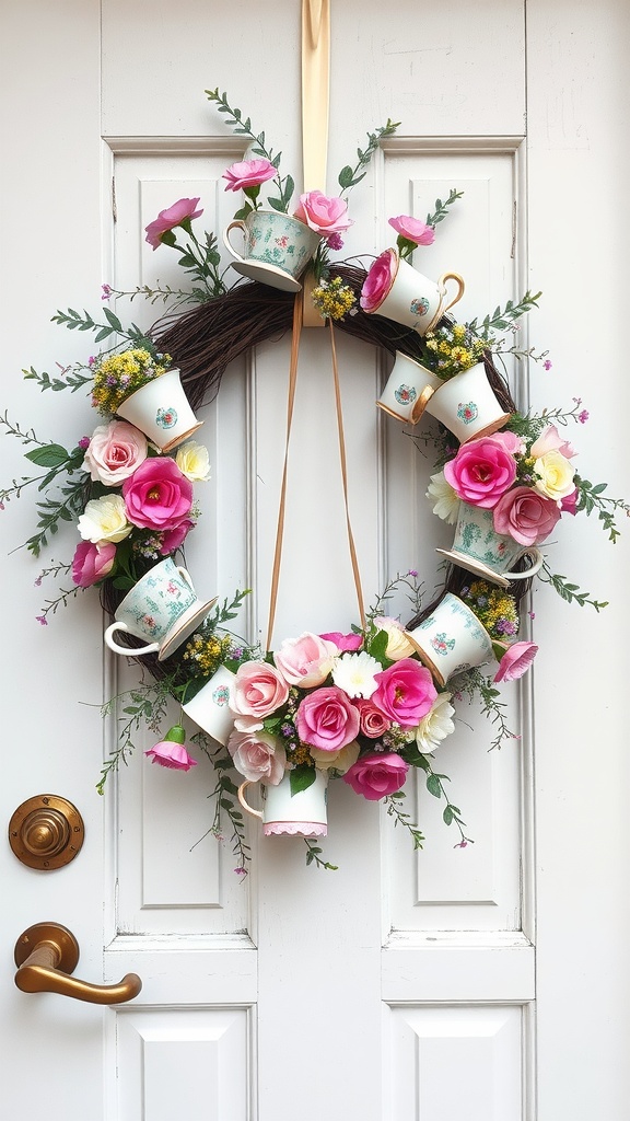 A vintage teacup wreath decorated with pink roses and other flowers, hanging on a white door