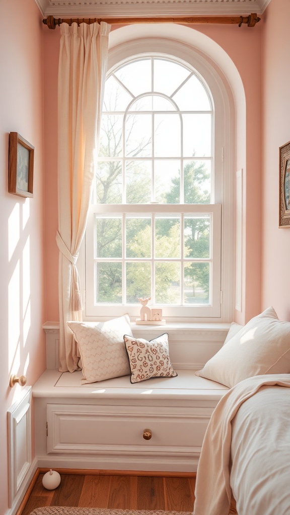 Cozy window seat with pillows in a bright bedroom