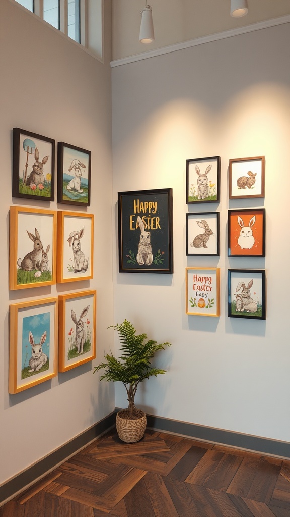 A wall displaying cheerful Easter-themed artwork including rabbits and a 'Happy Easter' sign.