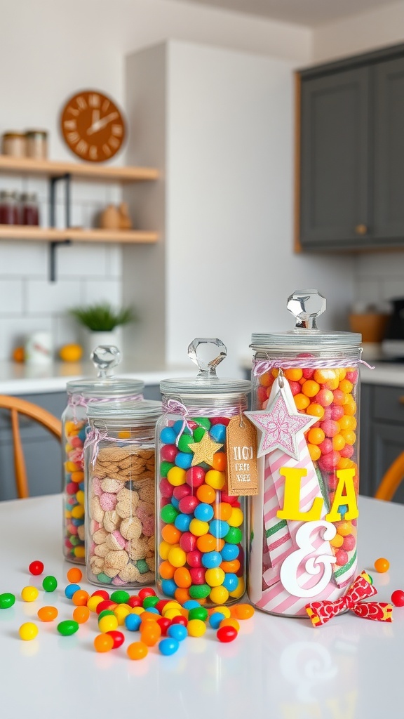 A cheerful arrangement of colorful candy jars on a kitchen table.