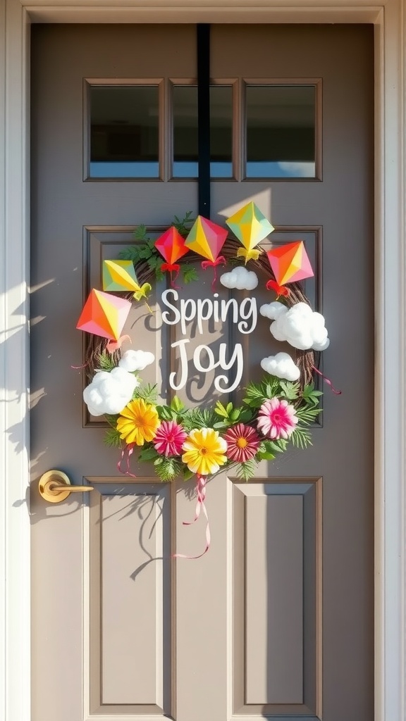 A colorful spring wreath featuring kites, clouds, and flowers, hanging on a front door.