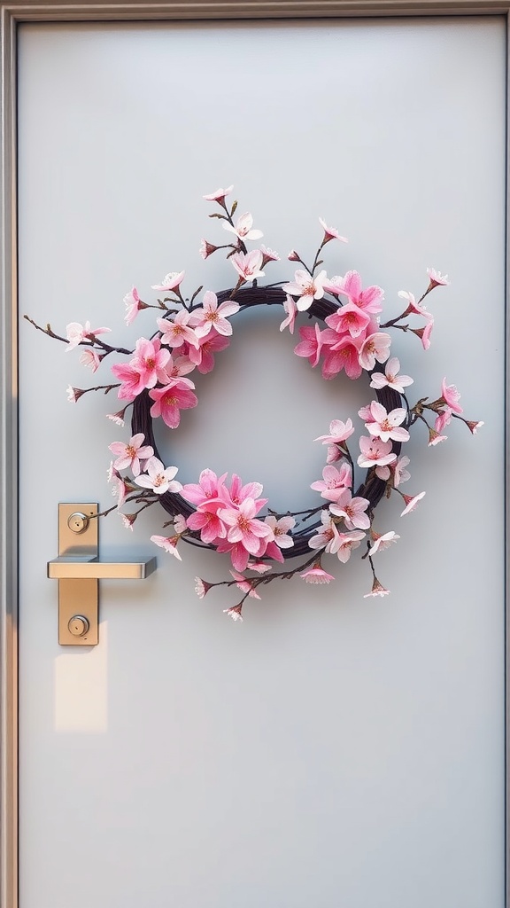 A cherry blossom branch wreath with pink flowers on a front door.