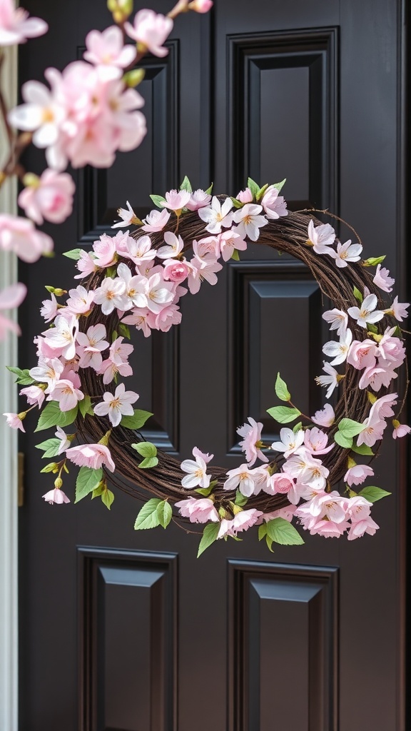 A beautifully crafted cherry blossom wreath hanging on a dark door.